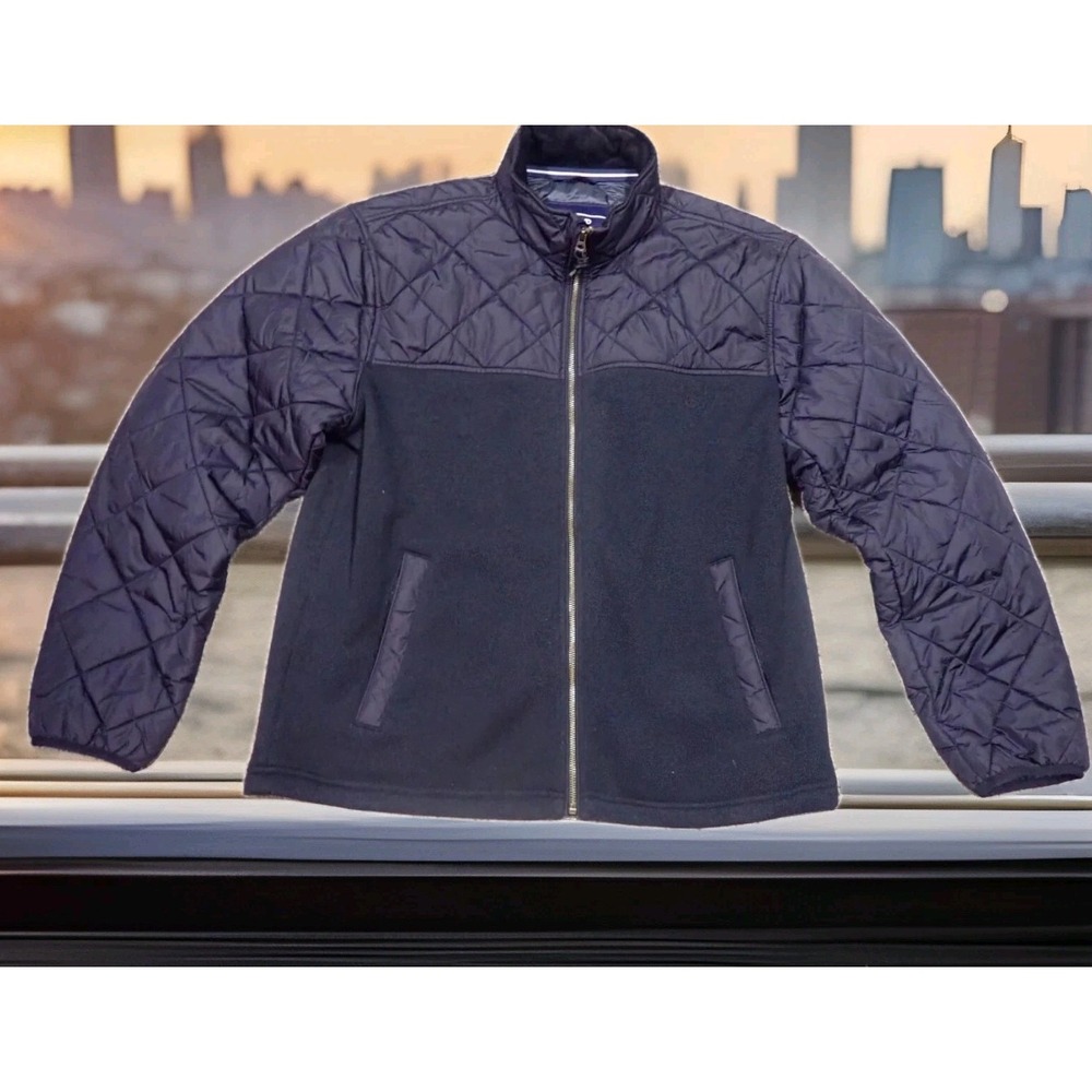 Lands End Quilted Fleece Jacket Mens Large Navy Blue Excellent Mixed Media Zip